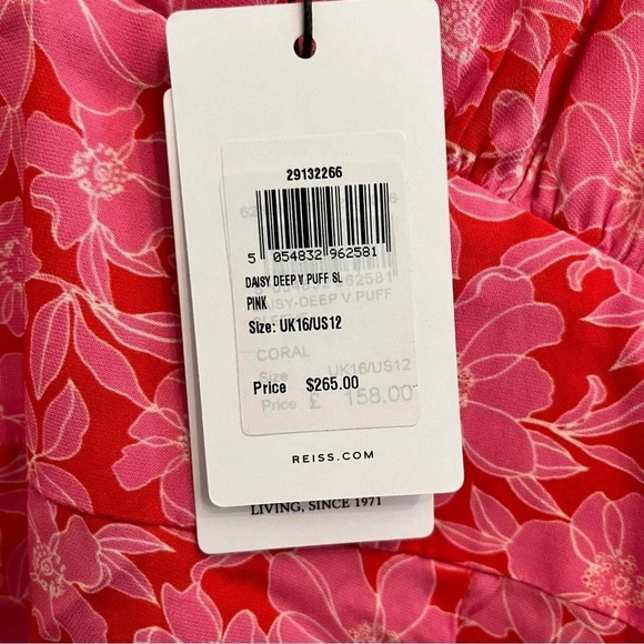 Reiss pink daisy deep v puff sleeve mini dress NWT size 12 - Picture 2 of 11